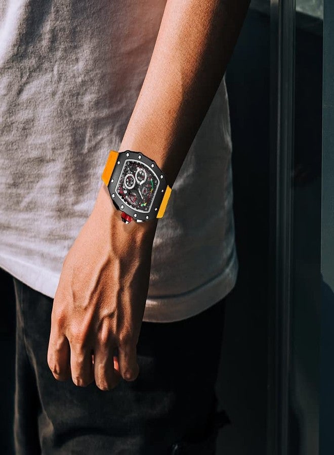 FANMIS Mens Luxury Tonneau Square Watches Analog Punk Chronograph Unique Sports Wrist Watch Japanese Movement Luminous Design with Rubber Band (Black Yellow) - Image 5